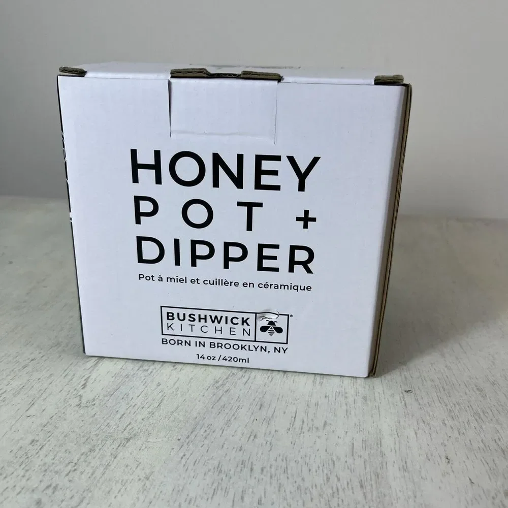 Honey Pot & Dipper White Ceramic Jar‎ Wood Dipper Bushwick Kitchen Honey Storage